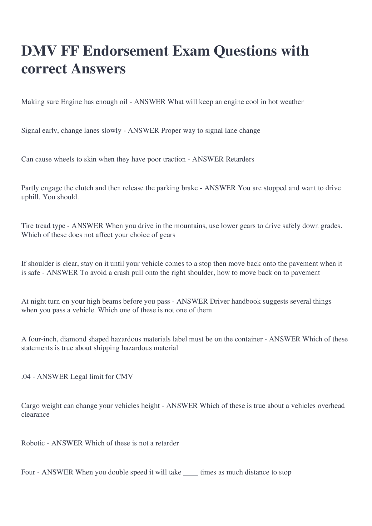 Preview image for DMV FF Endorsement Exam Questions with correct Answers